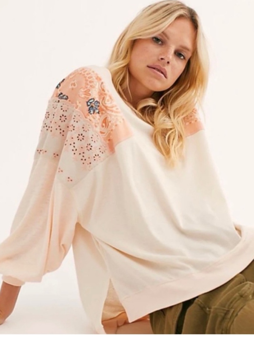 Free People We The Free Feelin' It Patchwork Top Cream Peach Small